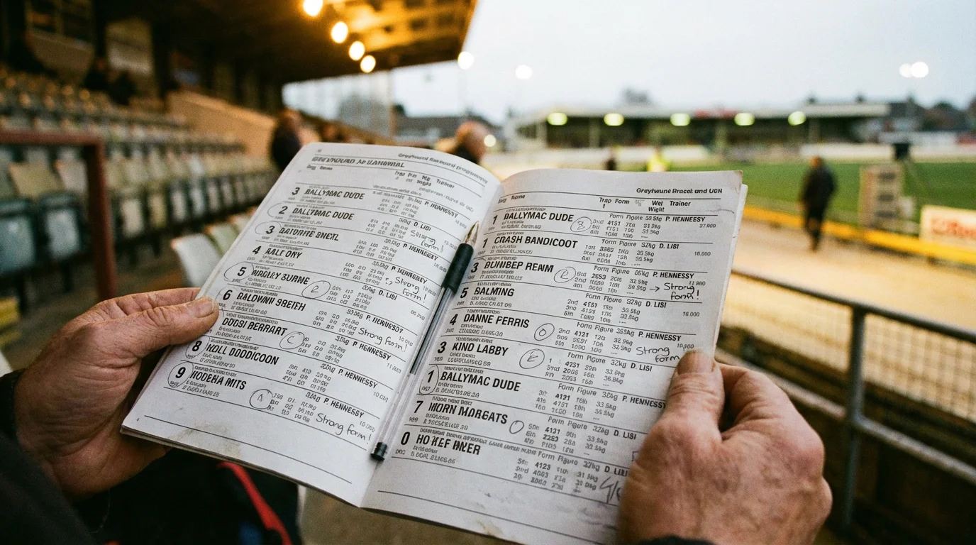 A punter studying a greyhound racecard with form figures and sectional times at a track