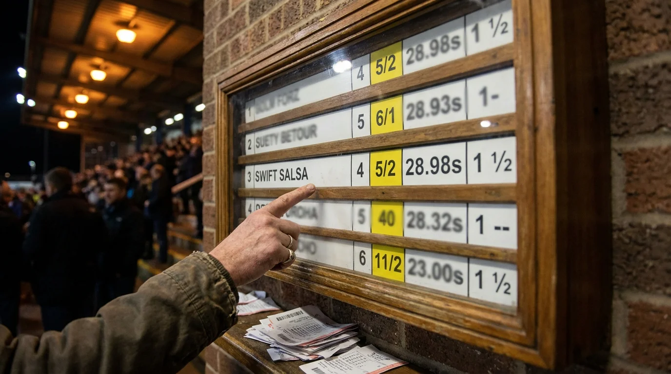 Close-up of a greyhound results board showing finishing positions and race times at a UK track