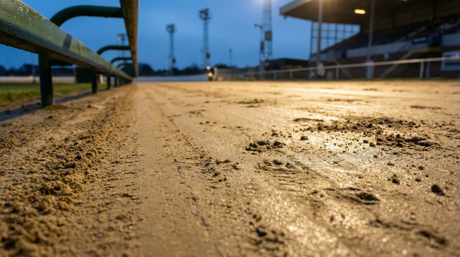 A UK greyhound sand track surface under evening floodlights showing racing conditions