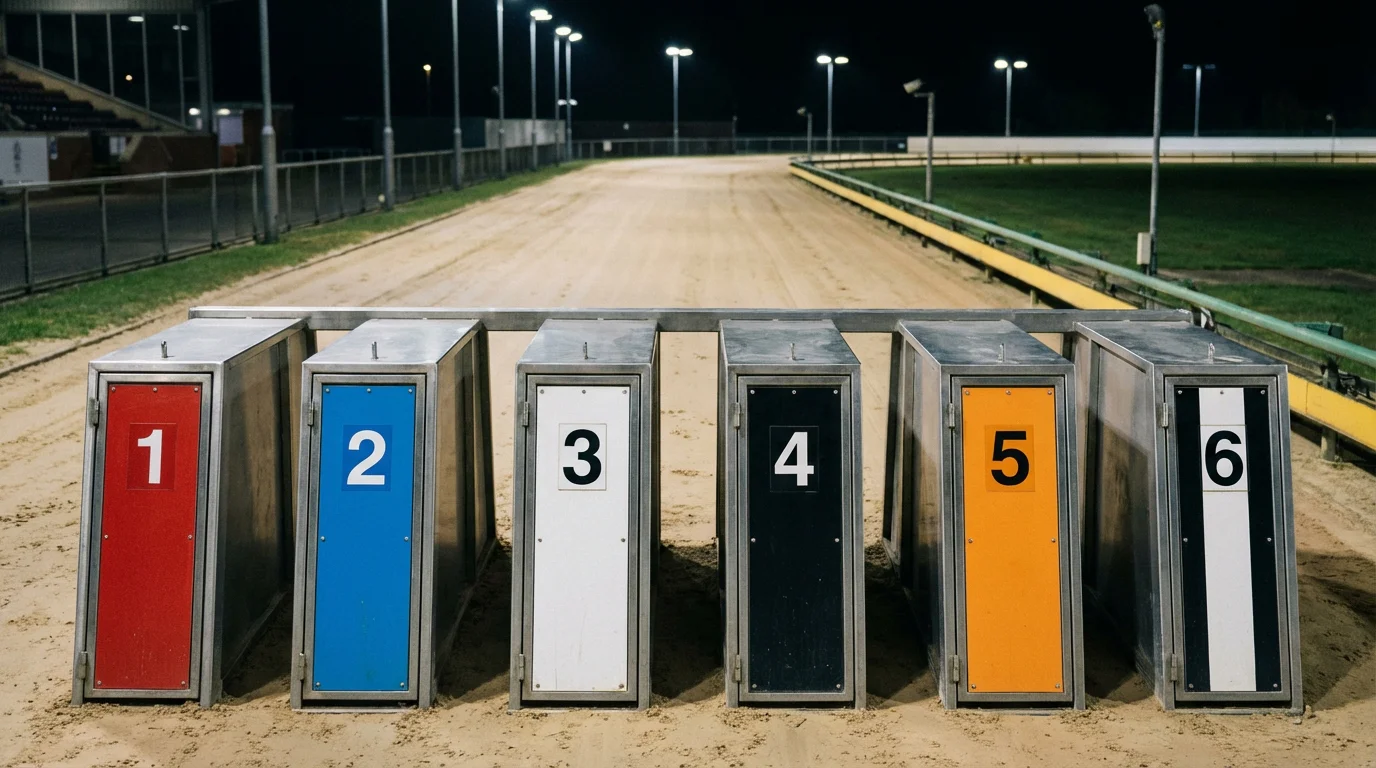 Numbered greyhound starting traps one through six at a UK racing stadium