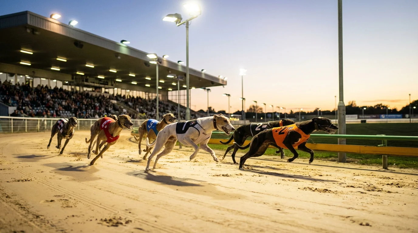 Greyhound racing at a UK GBGB-licensed stadium under floodlights
